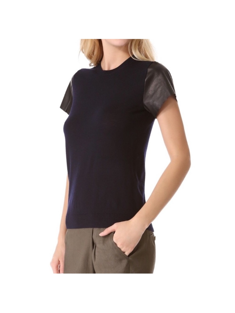 Vince Women Navy Short-Sleeve Mixed-Material Sweater Tee Black Leather Sleeves - Picture 2 of 6